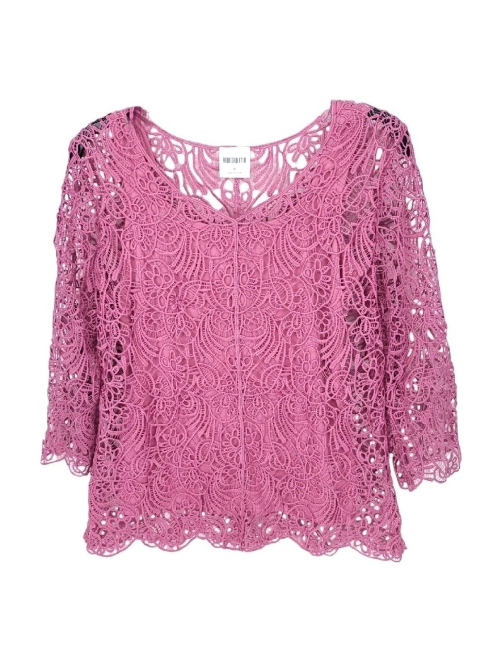 Bedford Fair Top Womens Small Vintage Floral Crochet Blouse 3/4 Sleeve Y2K Pink